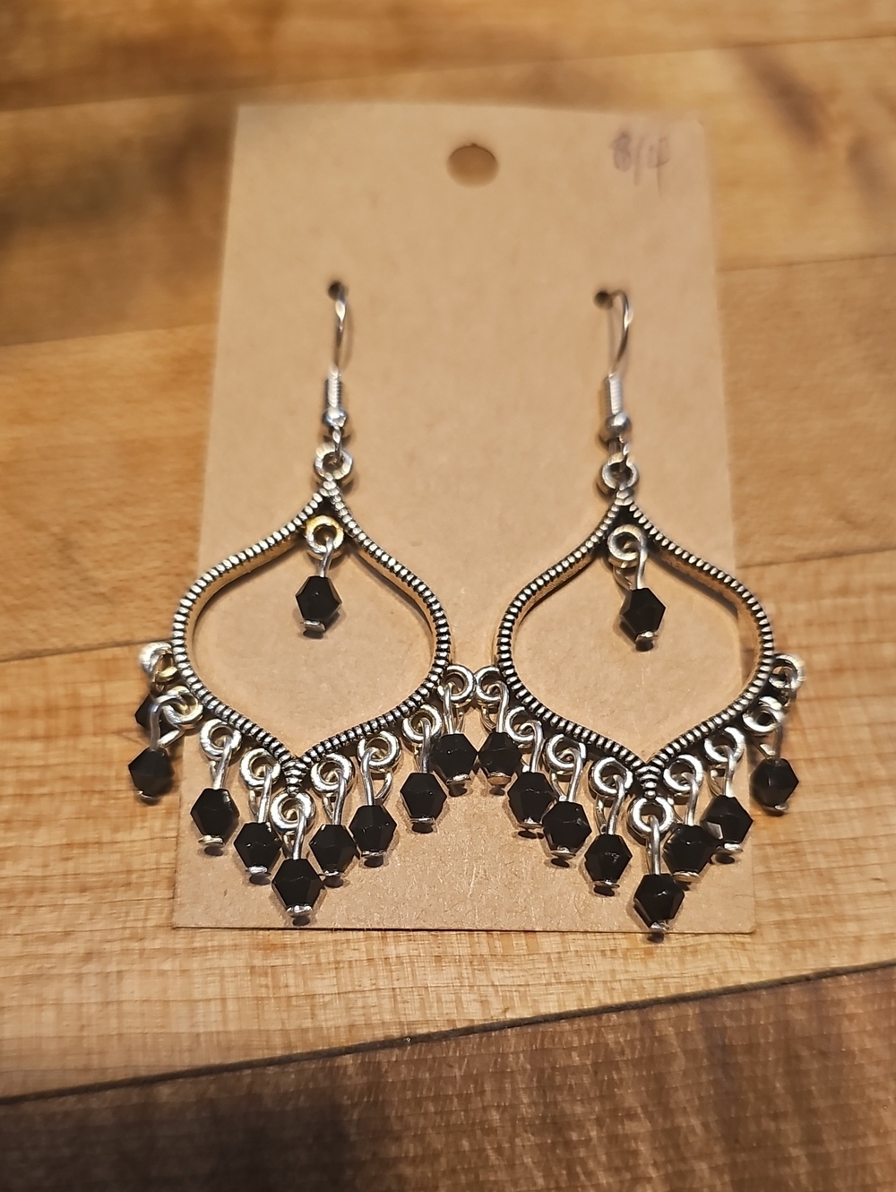 Silver Tone Teardrop Chandelier Earrings with Black Beads